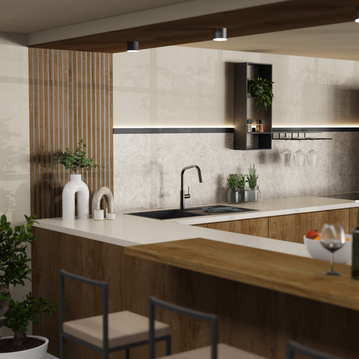 Rana Edge, Kitchen faucet with edged spout and pull-down spray in matte graphite