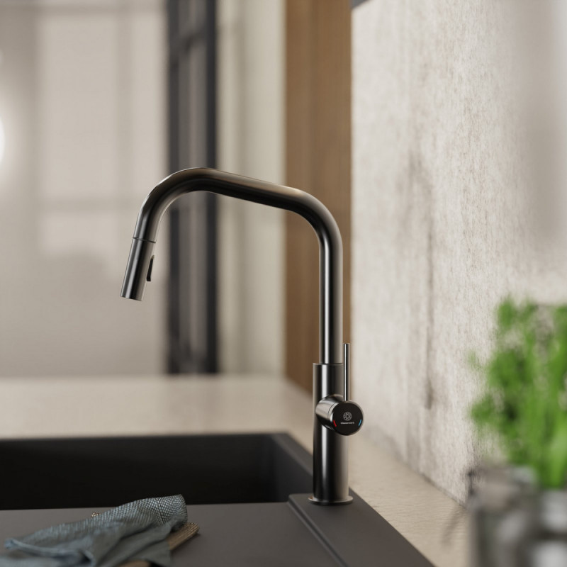 Rana Edge, Kitchen faucet with edged spout and pull-down spray in matte graphite