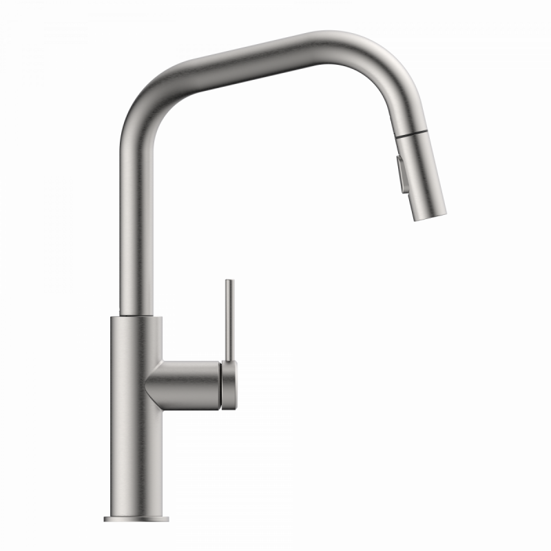 Rana Edge, Kitchen faucet with edged spout and pull-down spray in brushed nickel
