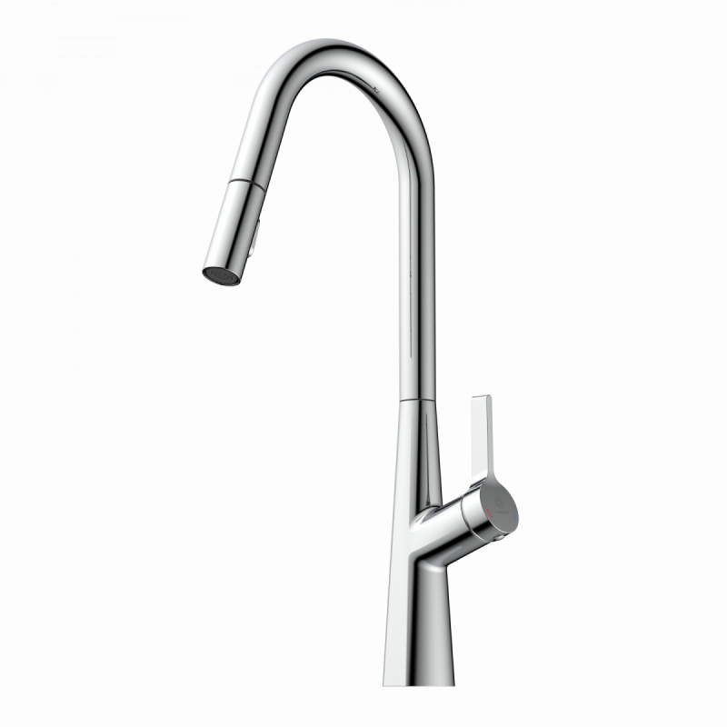 Keid Curve, Kitchen faucet with curved spout and pull-down spray in chrome