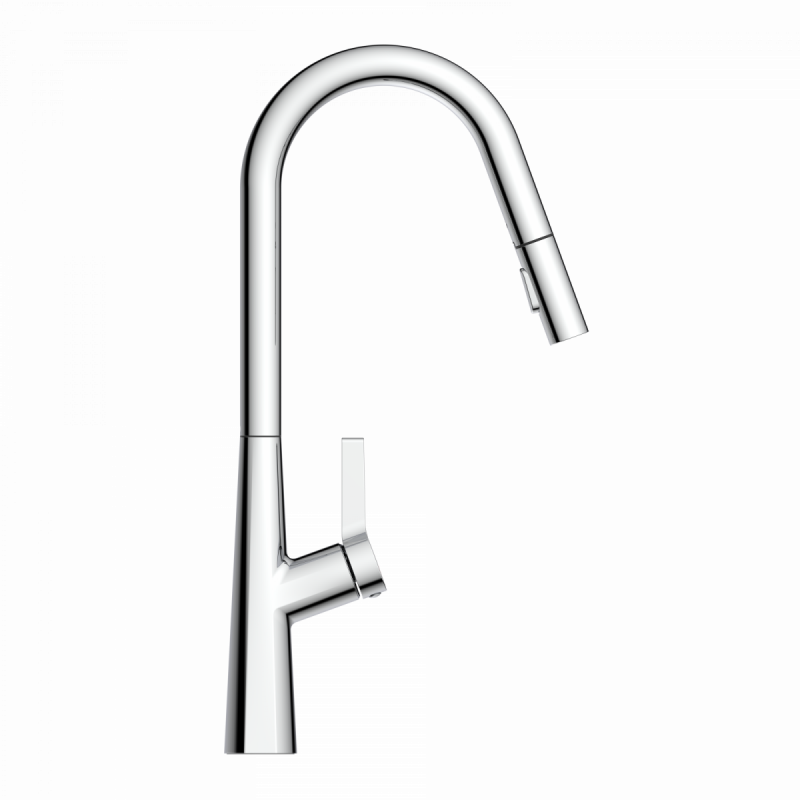 Keid Curve, Kitchen faucet with curved spout and pull-down spray in chrome