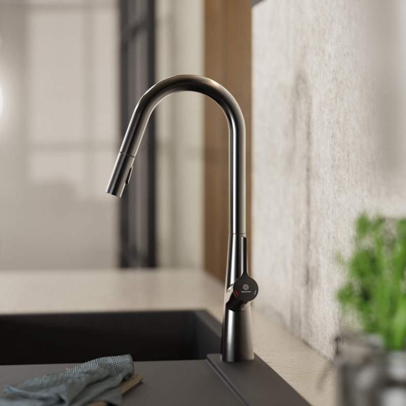 Keid Curve, Kitchen faucet with curved spout and pull-down spray in matte graphite