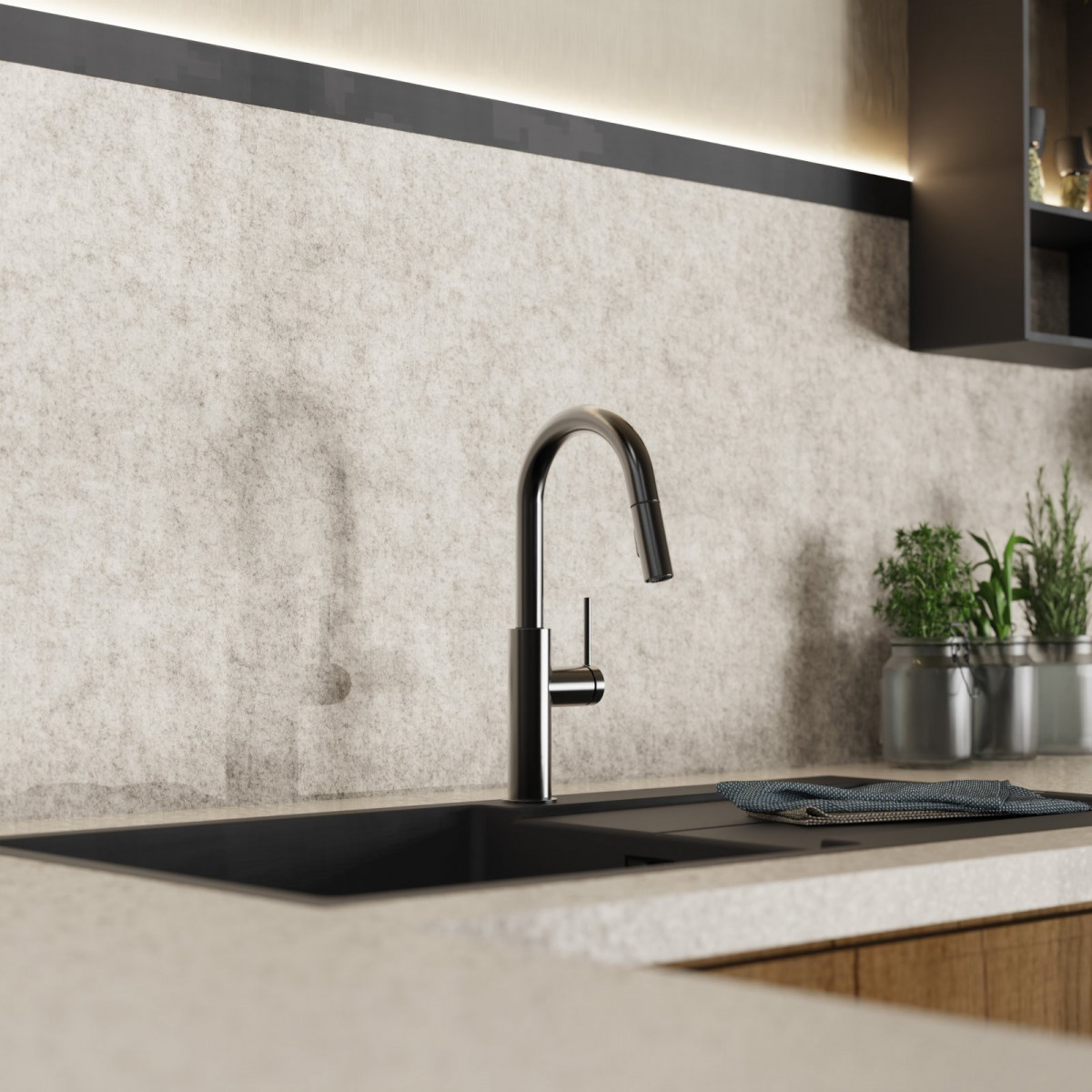 Rana Prep, Kitchen faucet with low curved spout and pull-down spray in matte graphite