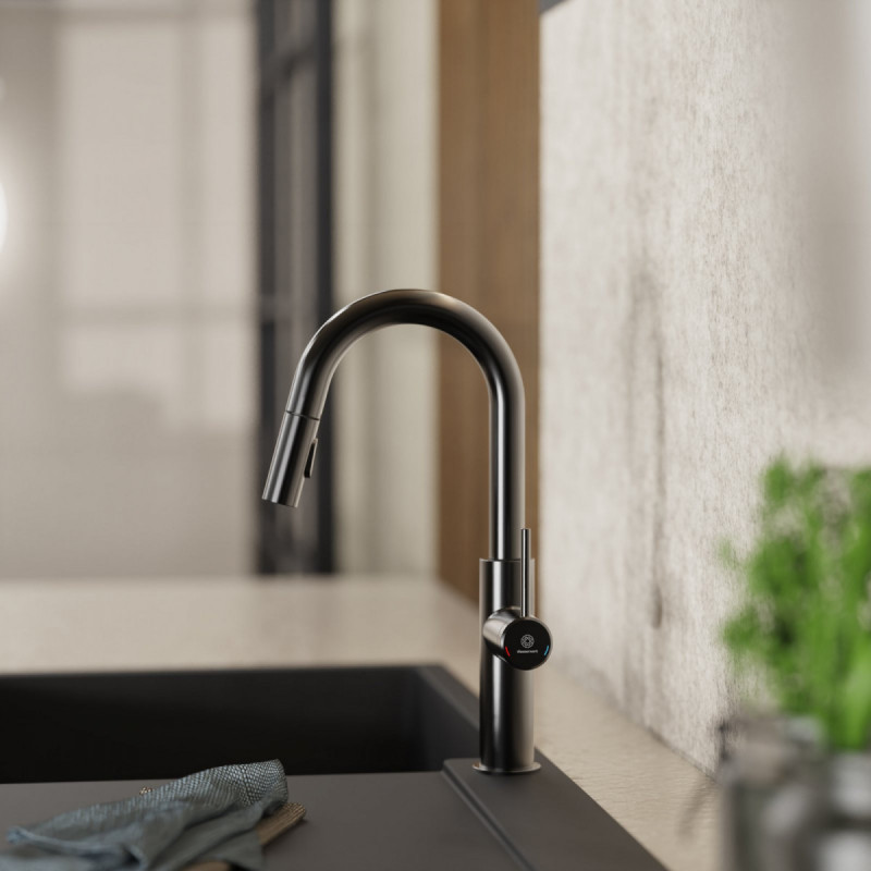 Rana Prep, Kitchen faucet with low curved spout and pull-down spray in matte graphite