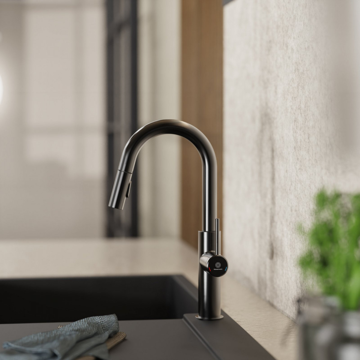 Rana Prep, Kitchen faucet with low curved spout and pull-down spray in matte graphite