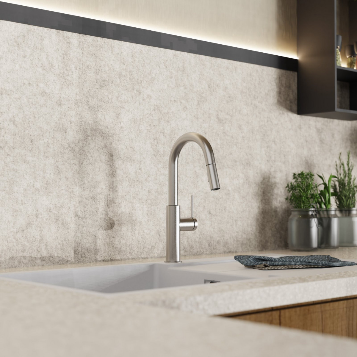 Rana Prep, Kitchen faucet with low curved spout and pull-down spray in brushed nickel