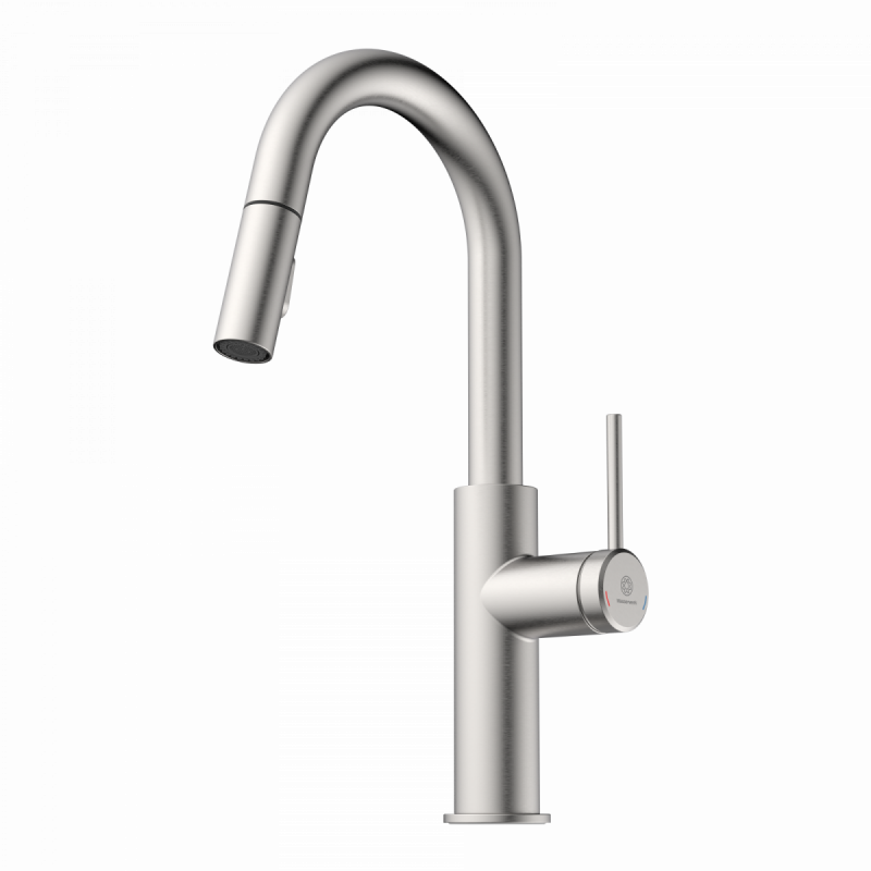 Rana Prep, Kitchen faucet with low curved spout and pull-down spray in brushed nickel