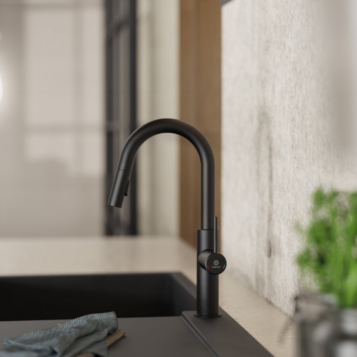 Rana Prep, Kitchen faucet with low curved spout and pull-down spray in matte black