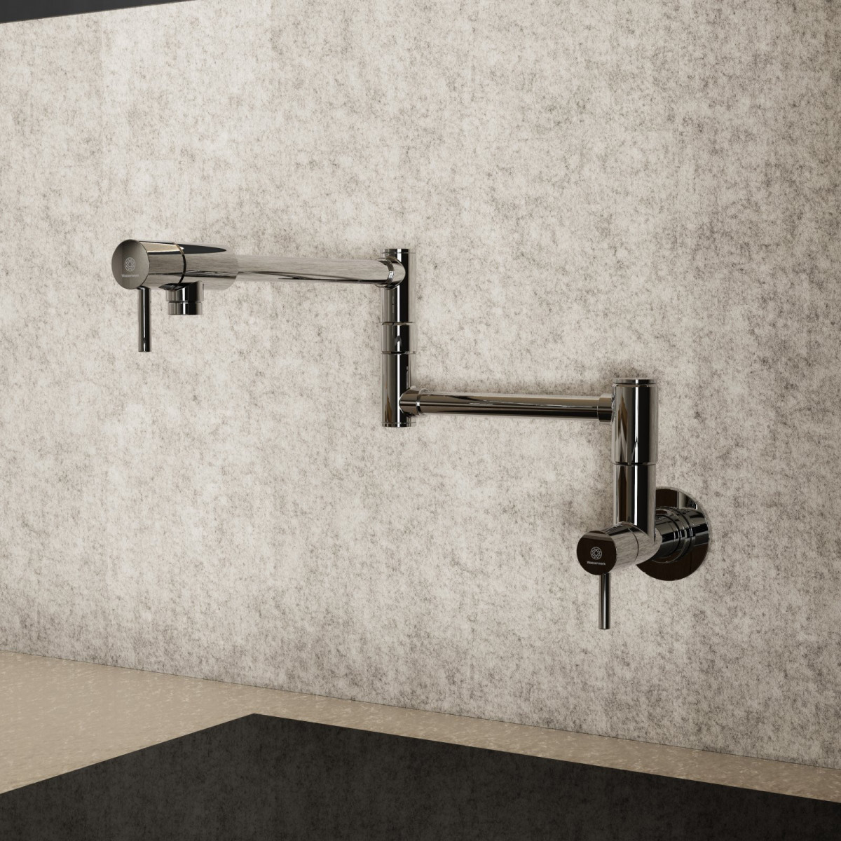 Pot Filler, wall-mounted articulated mixer tap for the kitchen in chrome