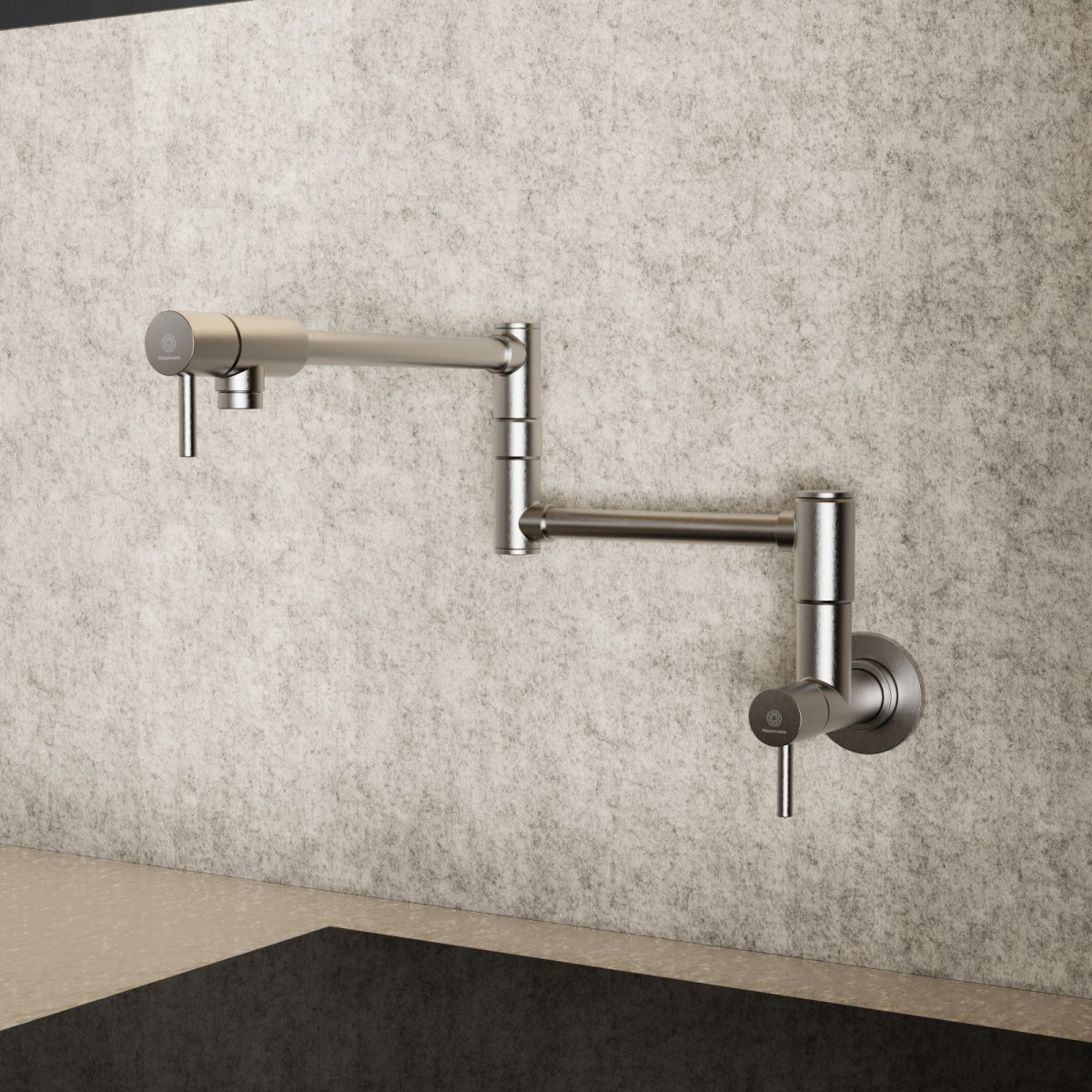 Pot Filler, wall-mounted articulated mixer tap for the kitchen in brushed nickel