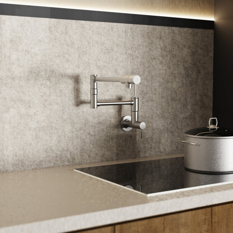 Pot Filler, wall-mounted articulated mixer tap for the kitchen in brushed nickel