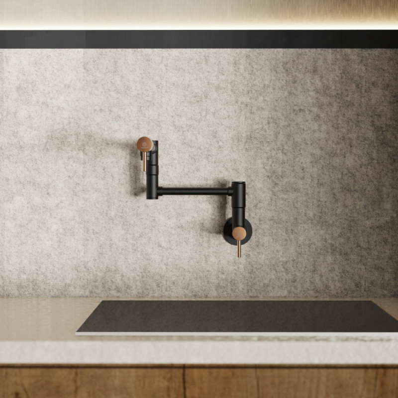 Pot Filler, wall-mounted articulated mixer tap in matte black and rose gold