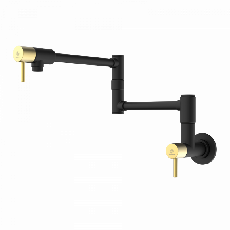 Pot Filler, wall-mounted articulated mixer tap in matte black and brushed gold
