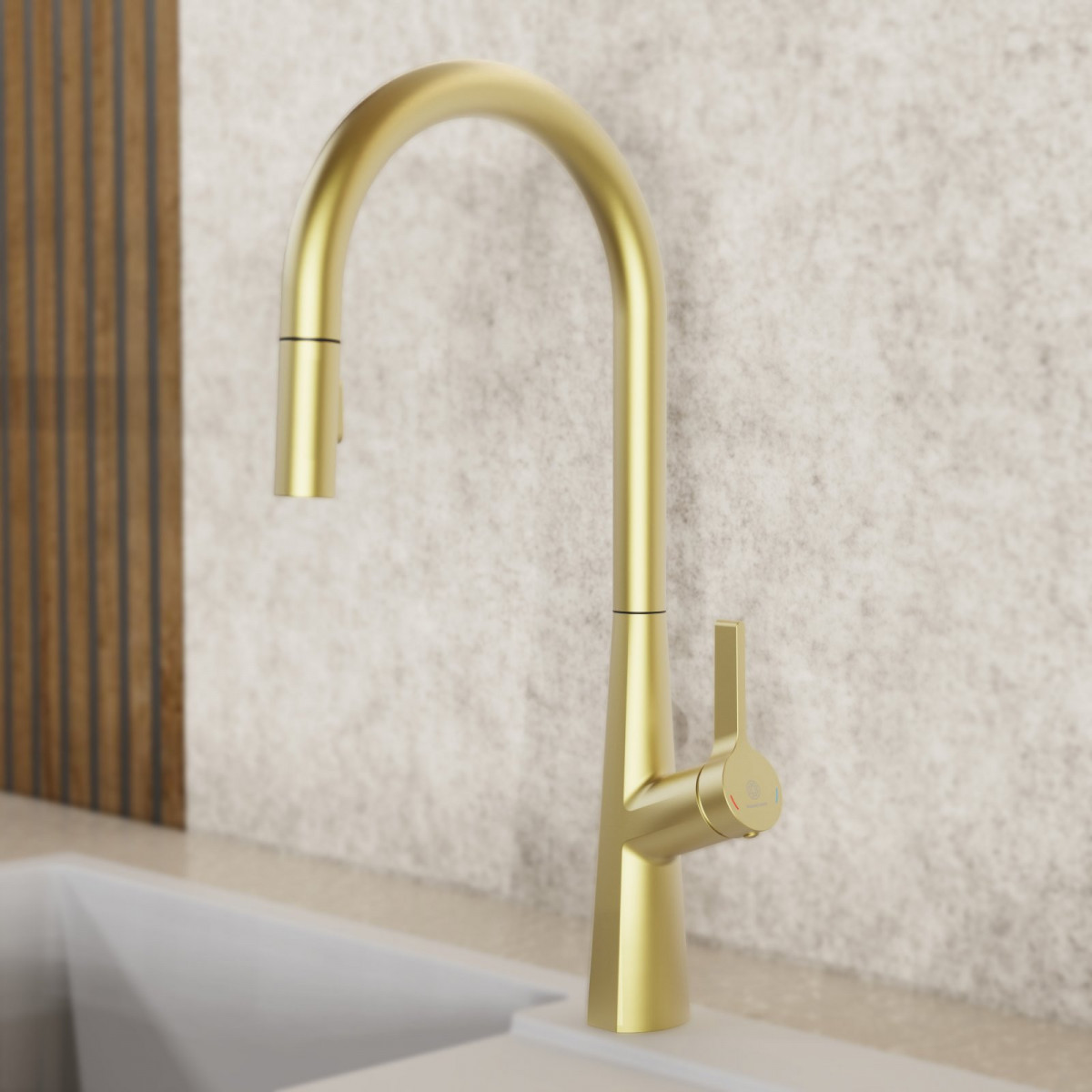 Keid Sphere, Kitchen faucet with arched spout and pull-out spray in brushed gold