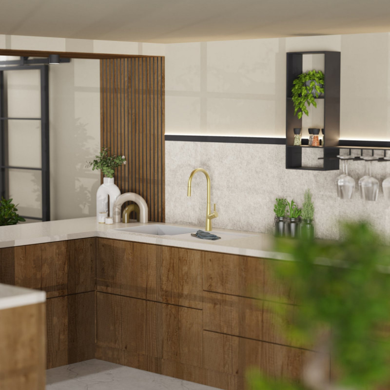 Keid Sphere, Kitchen faucet with arched spout and pull-out spray in brushed gold