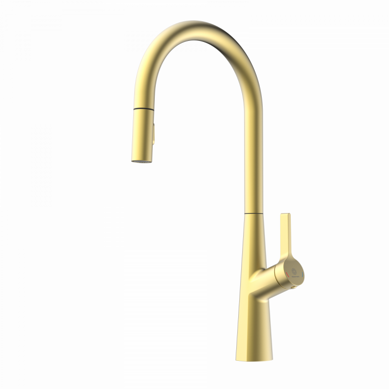 Keid Sphere, Kitchen faucet with arched spout and pull-out spray in brushed gold
