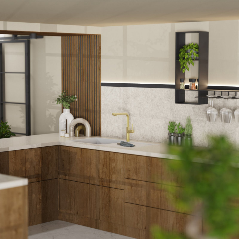 Polis, Kitchen faucet with straight spout and pull-out spray in brushed gold