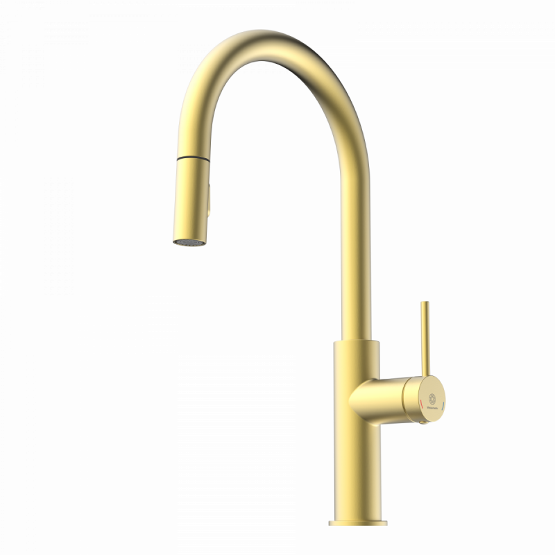 Rana Sphere, Kitchen faucet with curved spout and pull-down spray in brushed gold