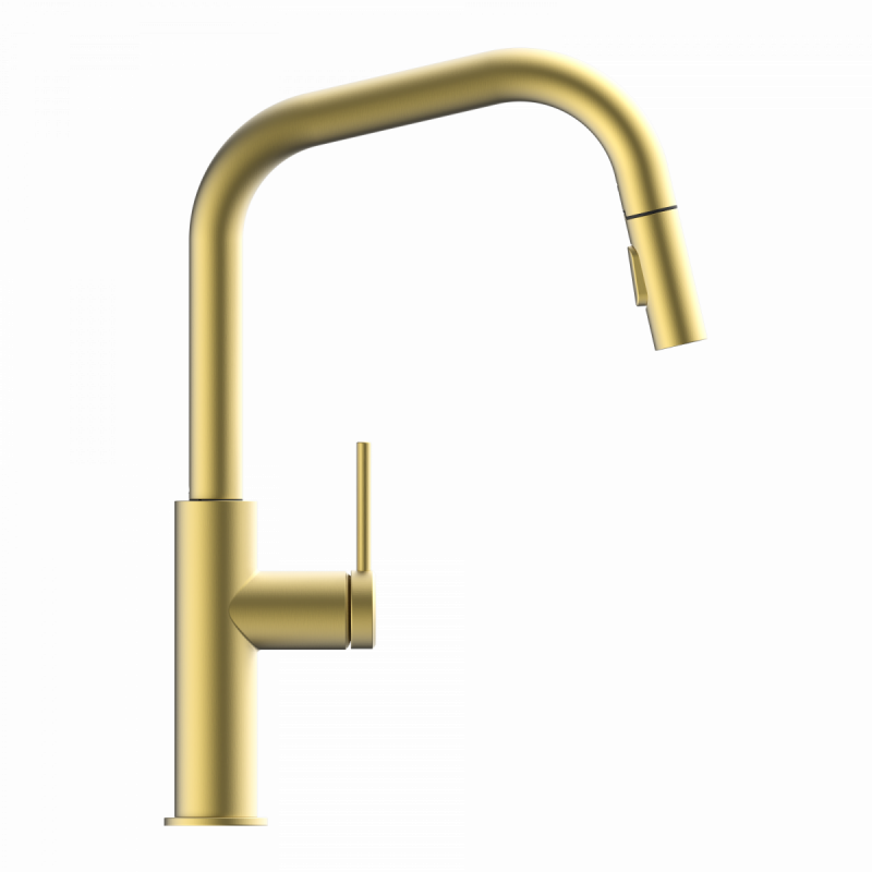 Rana Edge, Kitchen faucet with edged spout and pull-down spray in brushed gold