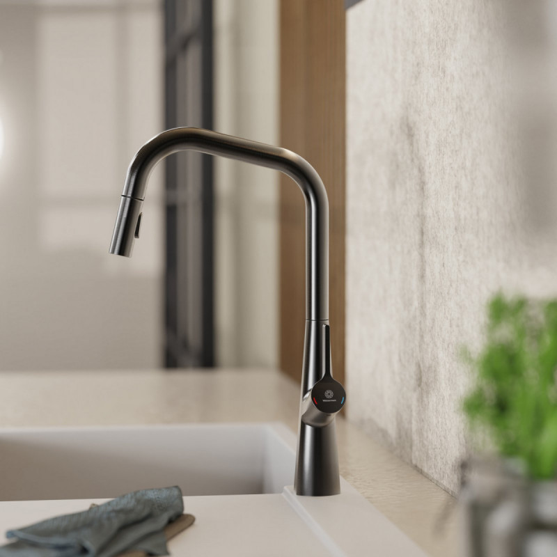 Keid Edge, Kitchen faucet with edged spout and pull-down spray in matte graphite
