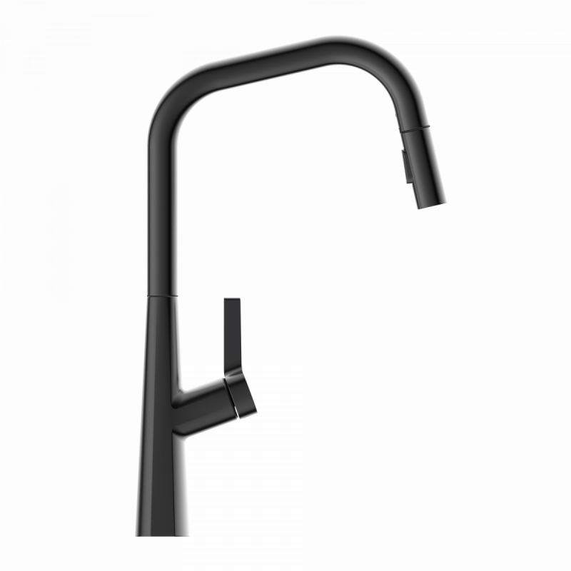 Keid Edge, Kitchen faucet with edged spout and pull-down spray in matte graphite