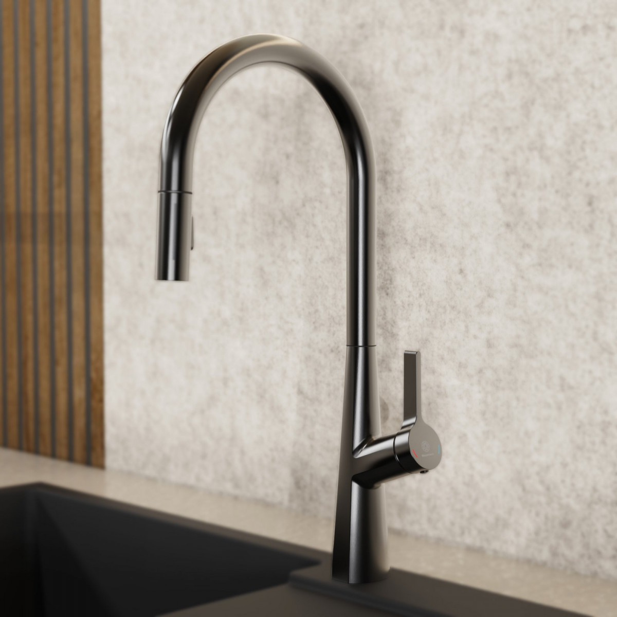 Keid Sphere, Kitchen faucet with arched spout and pull-out spray in matte graphite