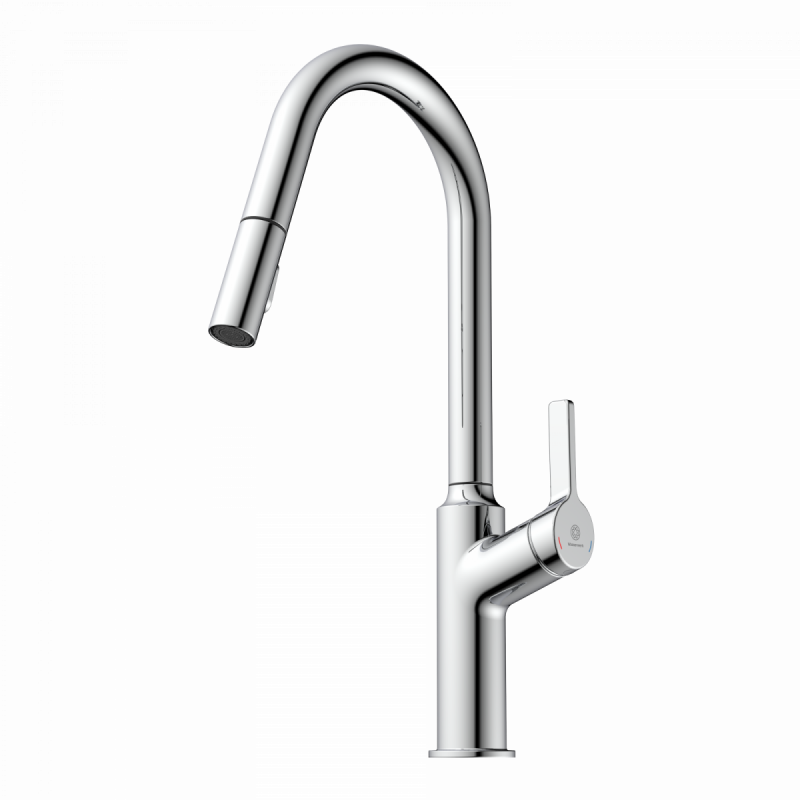 Okab, Kitchen faucet with curved spout and pull-down spray in chrome