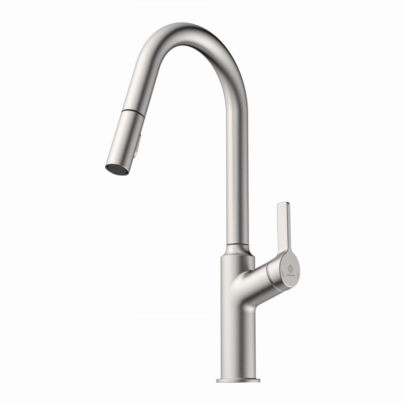 Okab, Kitchen faucet with curved spout and pull-down spray in brushed nickel