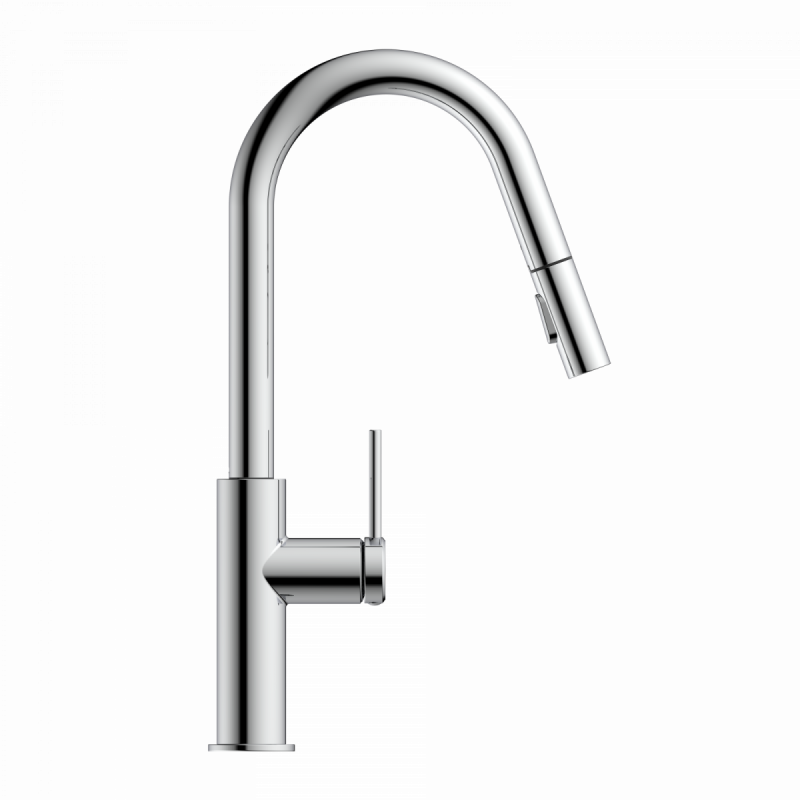 Rana Curve, Kitchen faucet with curved spout and pull-down spray in chrome