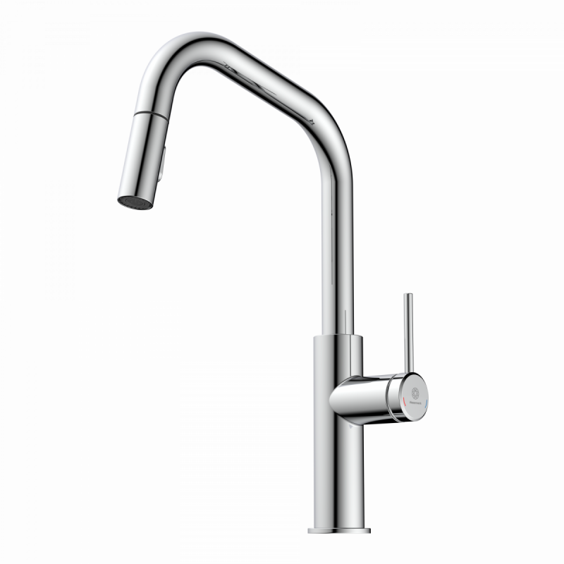 Rana Edge, Kitchen faucet with edged spout and pull-down spray in chrome