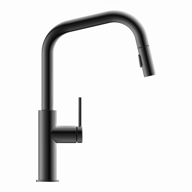 Rana Edge, Kitchen faucet with edged spout and pull-down spray in matte graphite