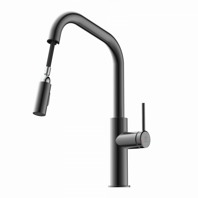Rana Edge, Kitchen faucet with edged spout and pull-down spray in matte graphite