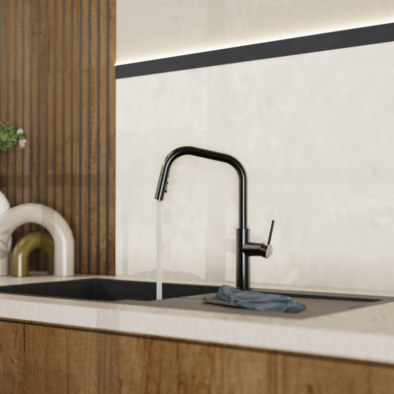 Rana Edge, Kitchen faucet with edged spout and pull-down spray in matte graphite