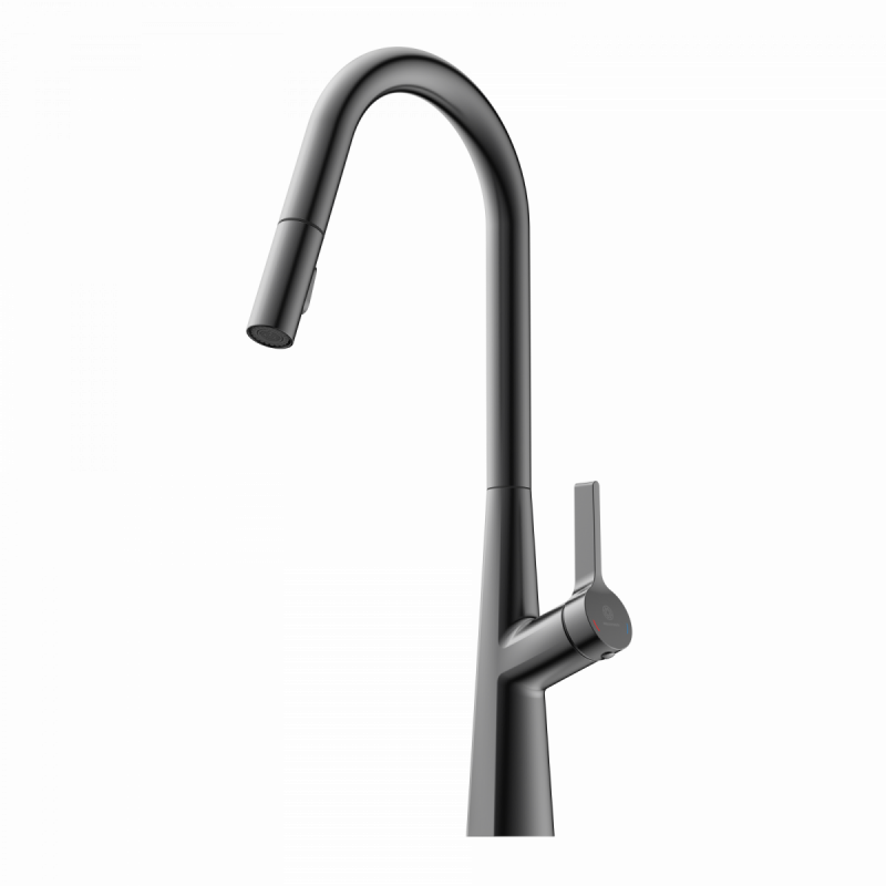Keid Curve, Kitchen faucet with curved spout and pull-down spray in matte graphite