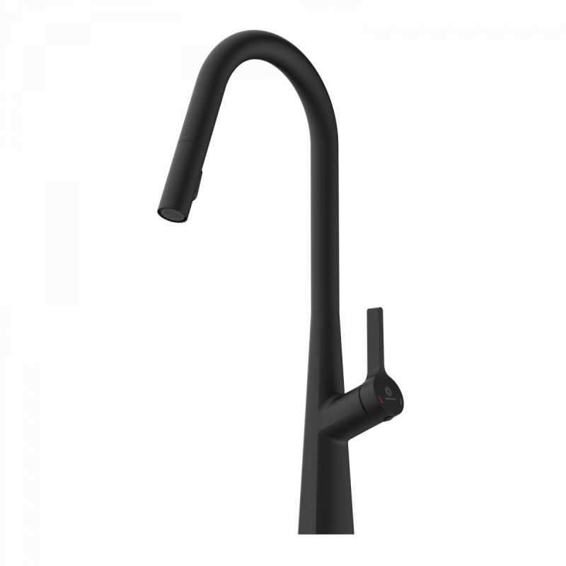 Keid Curve, Kitchen faucet with curved spout and pull-down spray in matte black