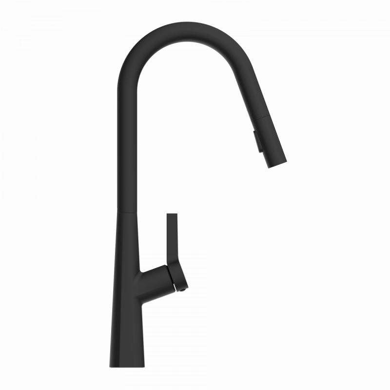 Keid Curve, Kitchen faucet with curved spout and pull-down spray in matte black