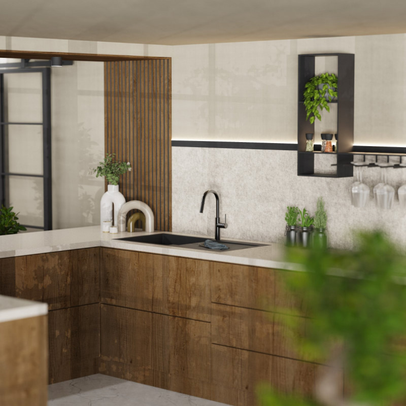 Rana Prep, Kitchen faucet with low curved spout and pull-down spray in matte graphite