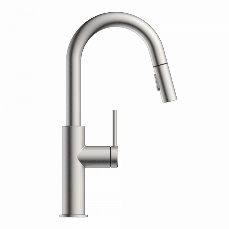 Rana Prep, Kitchen faucet with low curved spout and pull-down spray in brushed nickel