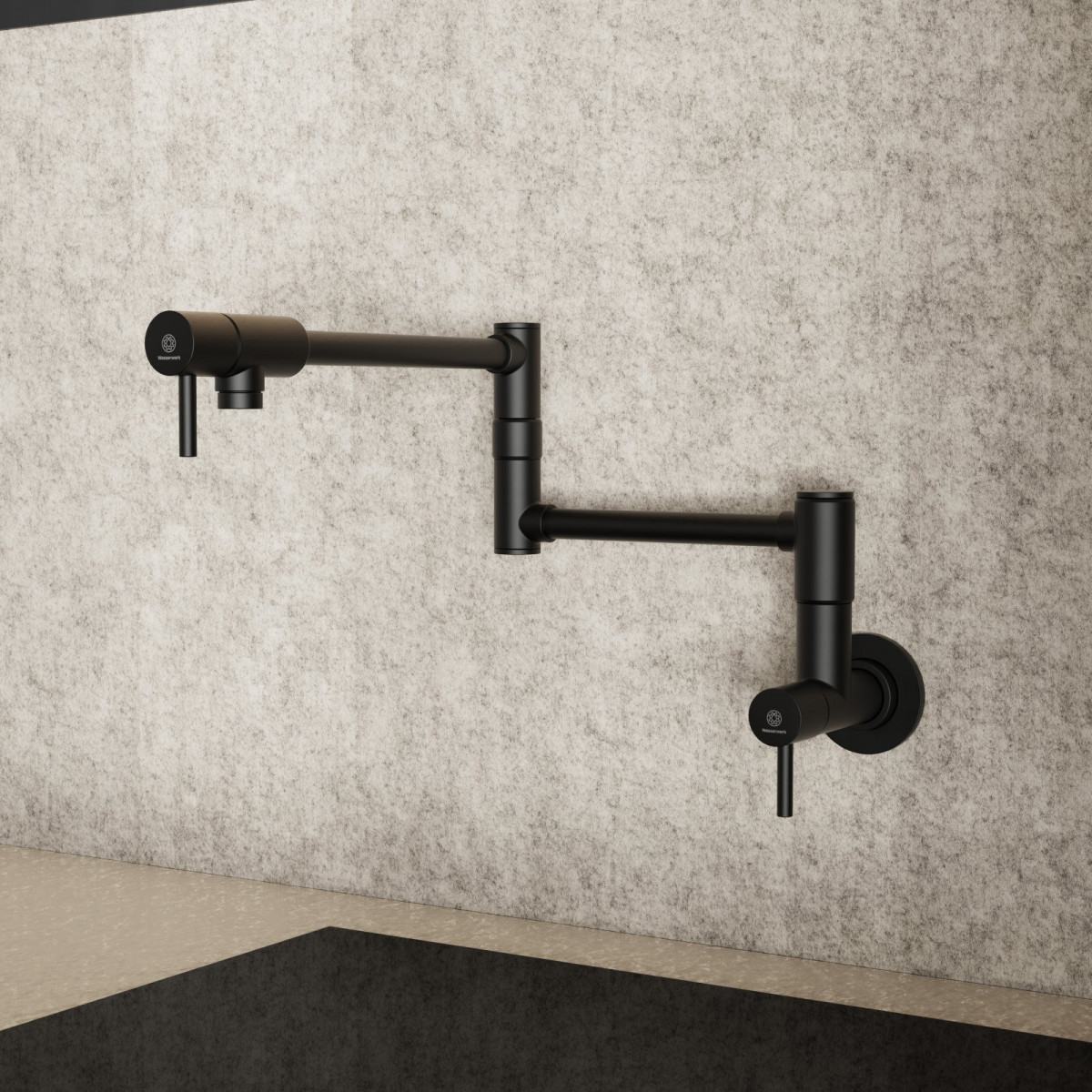 Pot Filler, wall-mounted articulated mixer tap for the kitchen in matte black