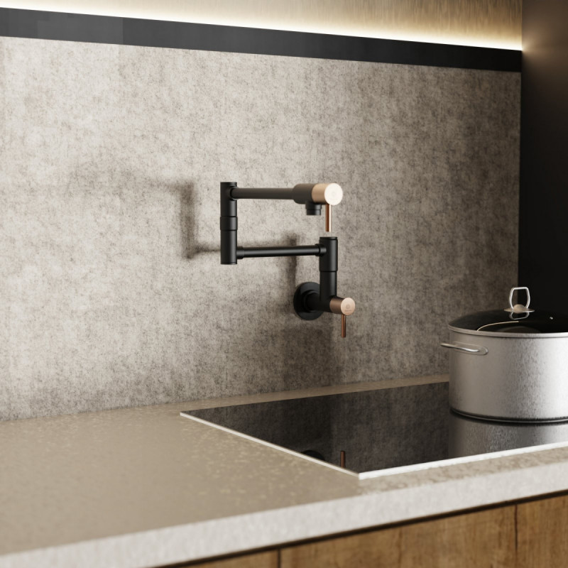 Pot Filler, wall-mounted articulated mixer tap in matte black and rose gold