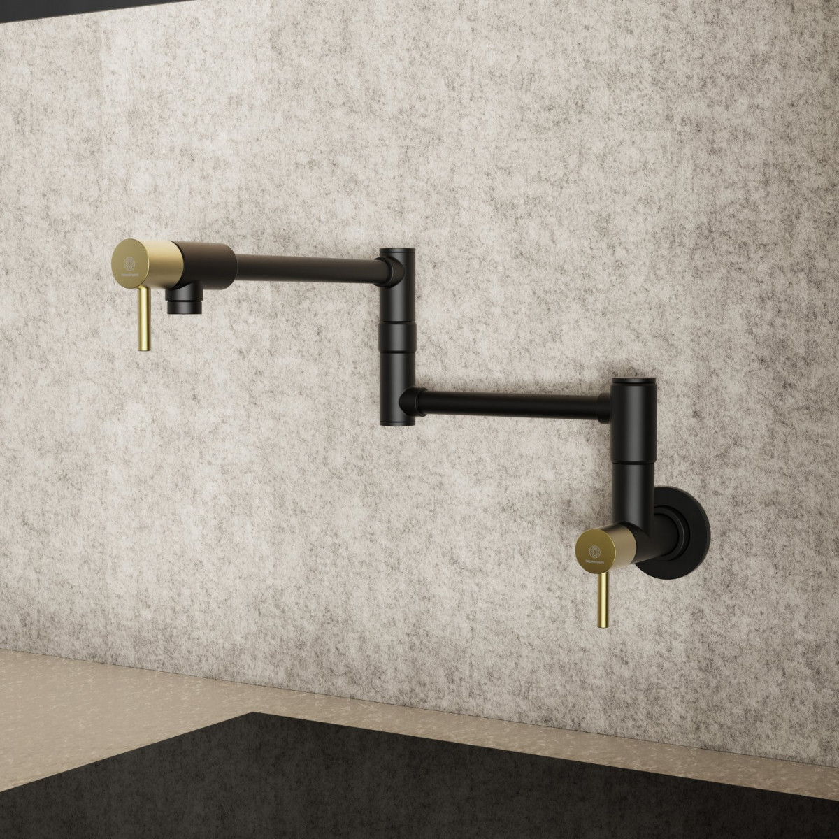 Pot Filler, wall-mounted articulated mixer tap in matte black and brushed gold