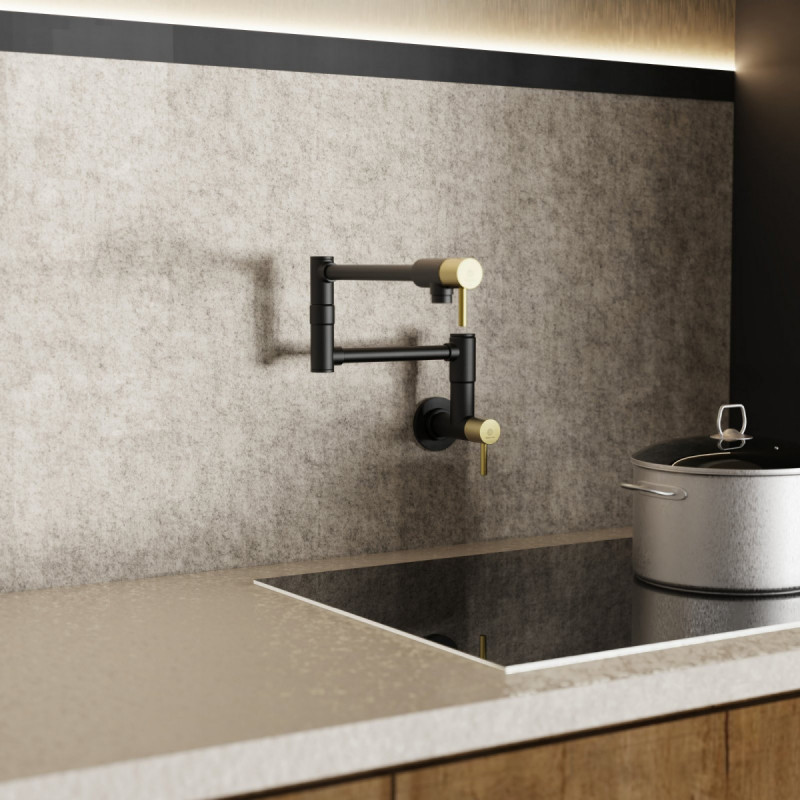 Pot Filler, wall-mounted articulated mixer tap in matte black and brushed gold