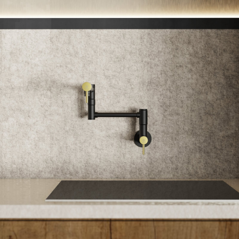 Pot Filler, wall-mounted articulated mixer tap in matte black and brushed gold