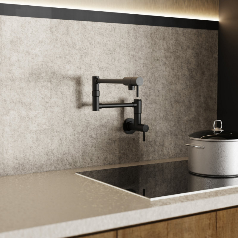 Pot Filler, wall-mounted articulated mixer tap for the kitchen in matte black