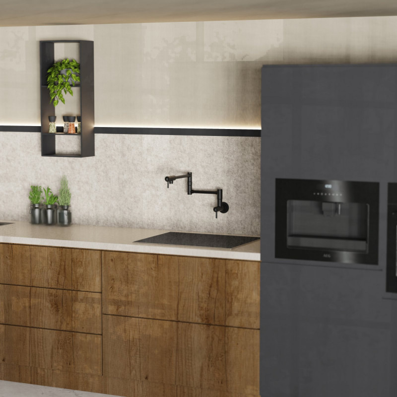 Pot Filler, wall-mounted articulated mixer tap for the kitchen in matte black
