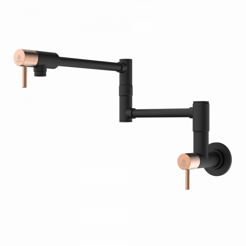 Pot Filler, wall-mounted articulated mixer tap in matte black and rose gold