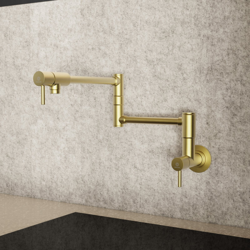 Pot Filler, wall-mounted articulated mixer tap for the kitchen in brushed gold