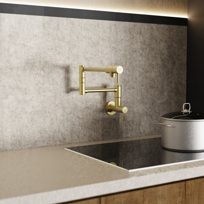 Pot Filler, wall-mounted articulated mixer tap for the kitchen in brushed gold