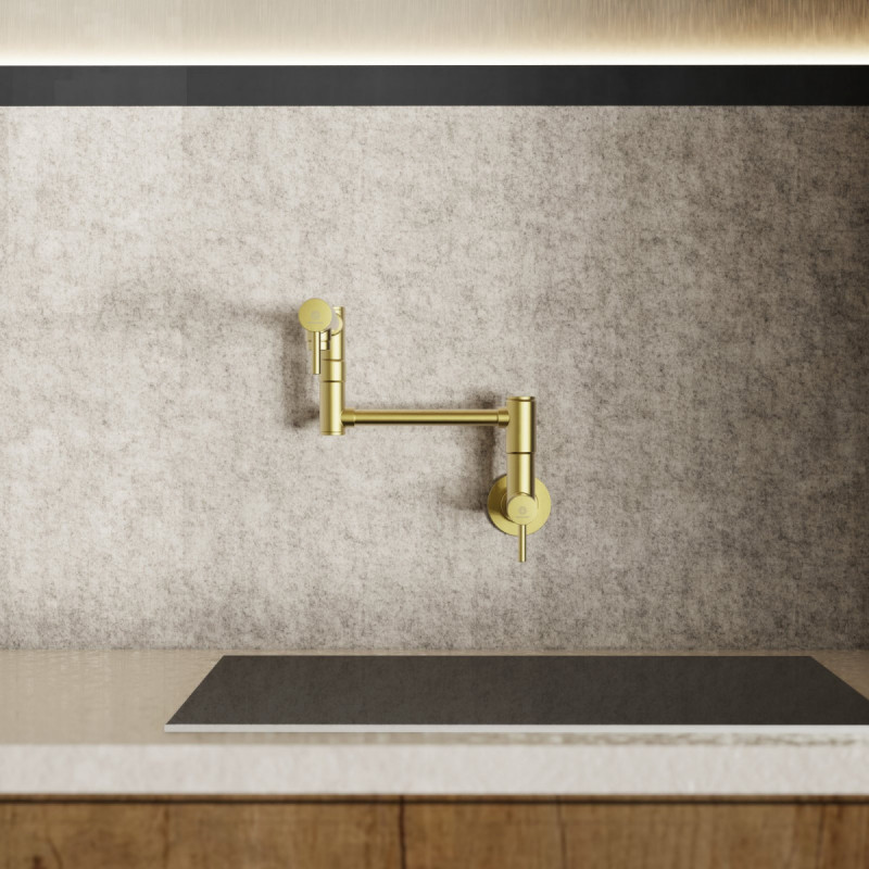 Pot Filler, wall-mounted articulated mixer tap for the kitchen in brushed gold