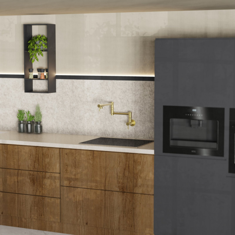 Pot Filler, wall-mounted articulated mixer tap for the kitchen in brushed gold